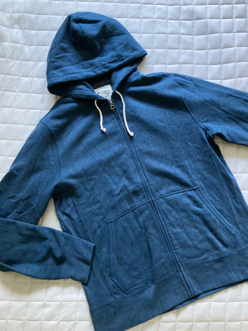 J. Crew Men’s Blue Fleece Full-Zip Hoodie with White Drawstrings